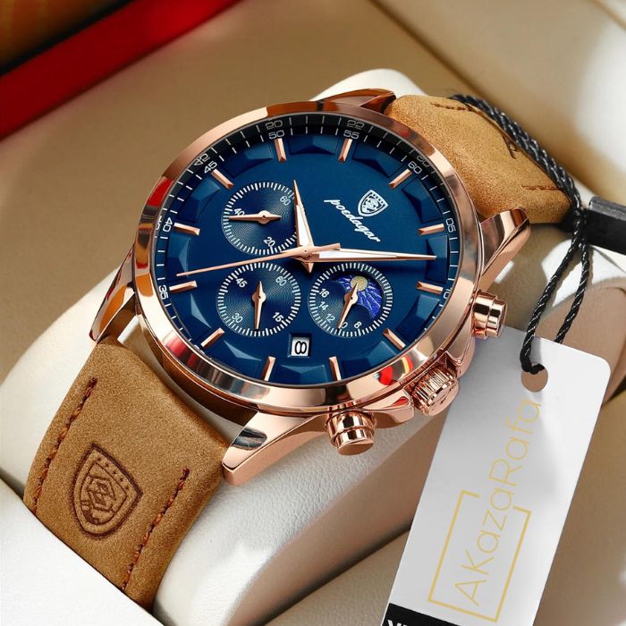 POEDAGAR - Relógio de Quartzo de Couro Impermeável Masculino